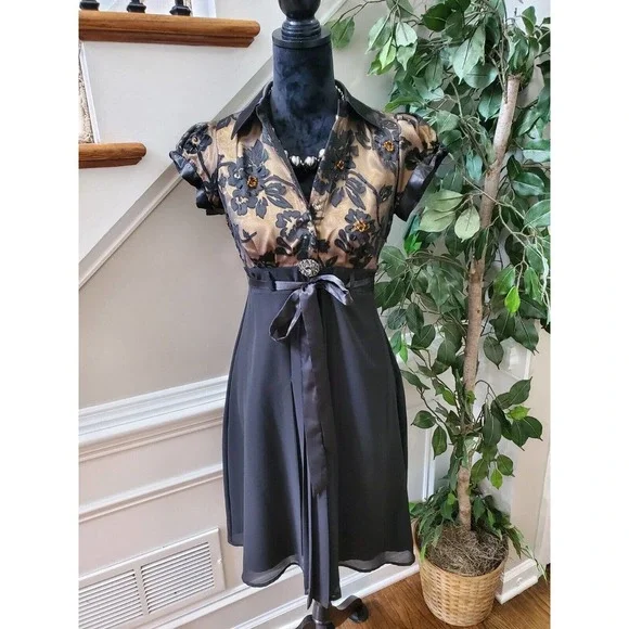 Black Floral Women's Polyester Collared Short Sleeve Knee Length Partywear Dress - Picture 10 of 10